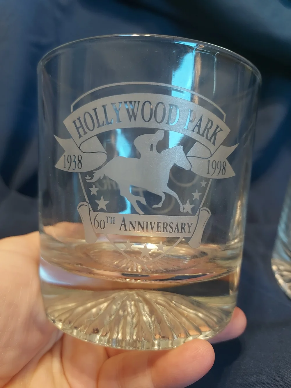 Vintage Hollywood Park CA 60th Anniversary Etched Whiskey Tumblers (2) Barwear